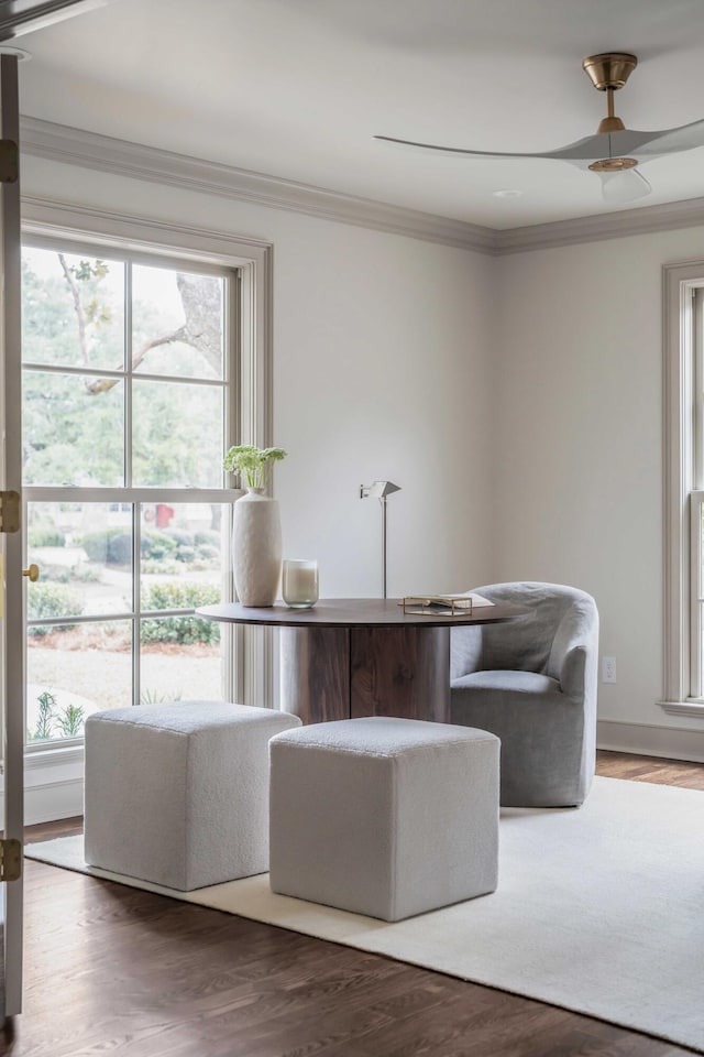 unfurnished living room featuring crown molding, ceiling fan, a healthy amount of sunlight, and hardwood / wood-style flooring