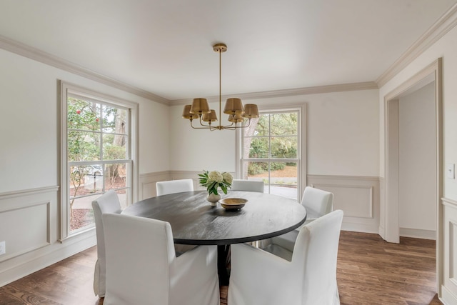 dining area with dark hardwood / wood-style floors, an inviting chandelier, and ornamental molding