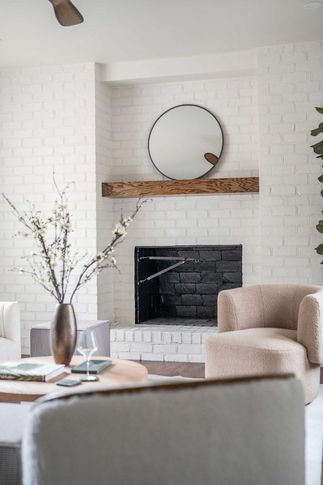 room details with a brick fireplace