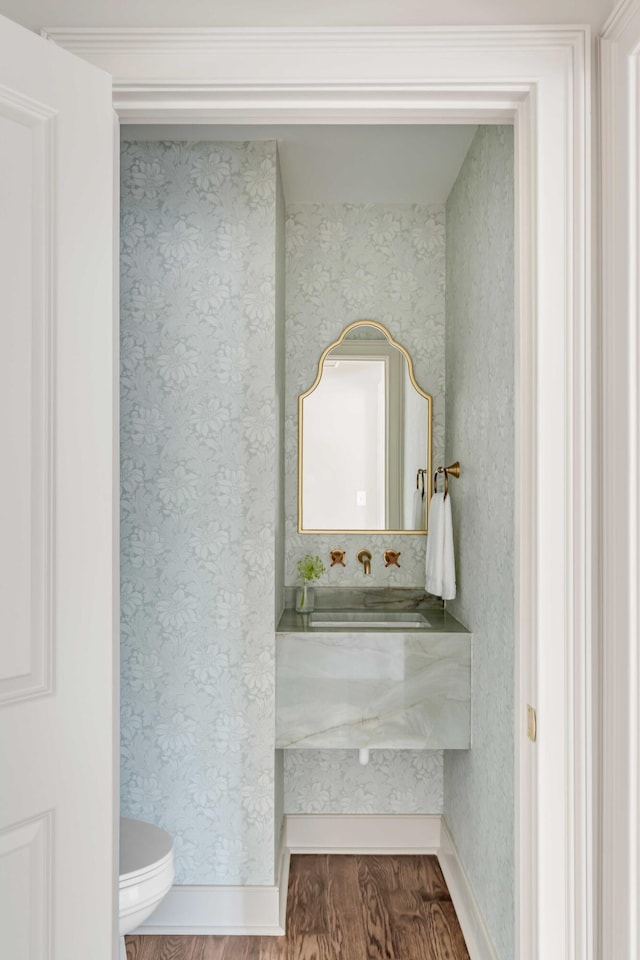 bathroom featuring hardwood / wood-style flooring, vanity, and toilet