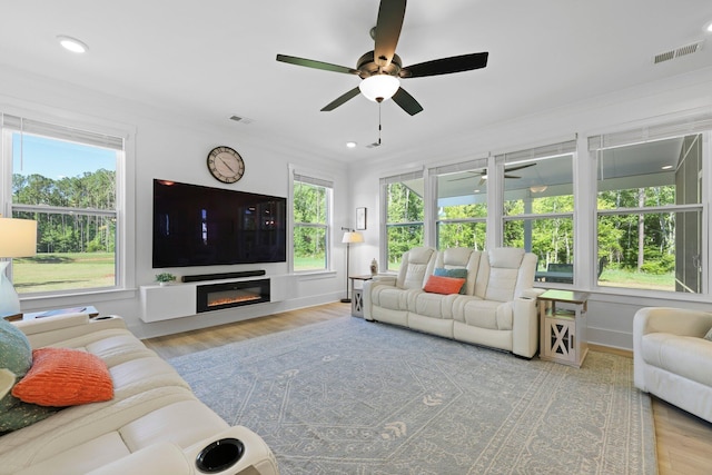 living area with ceiling fan, wood finished floors, a glass covered fireplace, ornamental molding, and baseboards