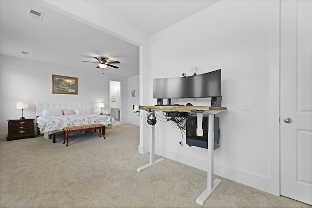 bedroom featuring carpet, baseboards, and ceiling fan
