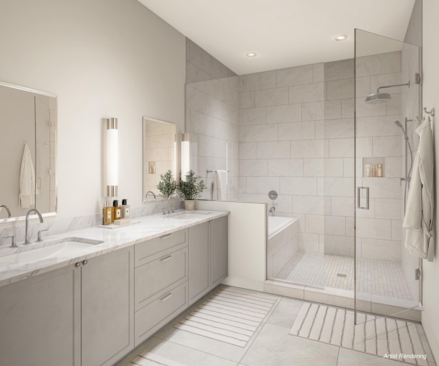 bathroom with vanity, a towering ceiling, separate shower and tub, and tile patterned flooring