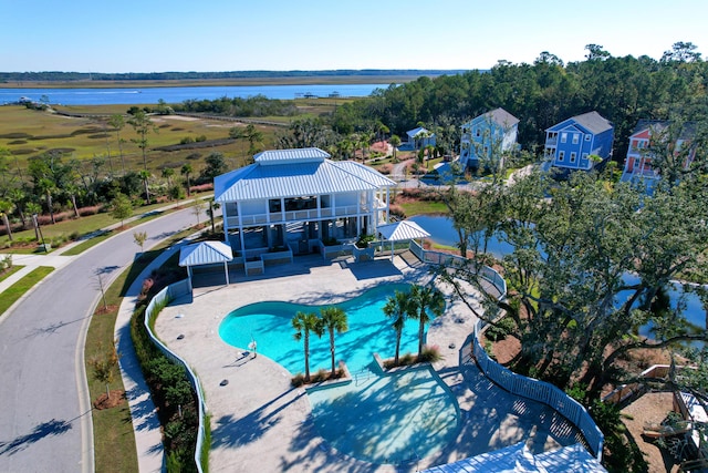 drone / aerial view featuring a water view