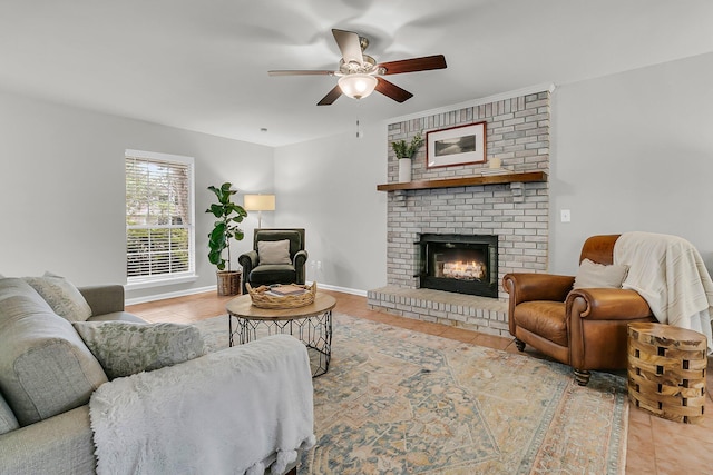 1433 Oaklanding Rd, Mount Pleasant, SC 29464 - living room with ceiling fan, light tile patterned floors, and a brick fireplace
