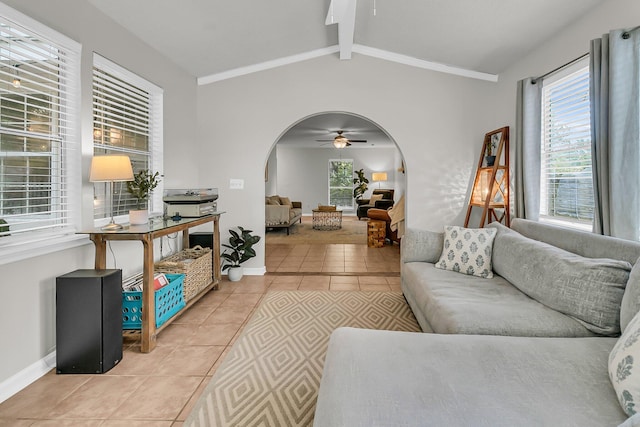 1433 Oaklanding Rd, Mount Pleasant, SC 29464 - living room featuring arched walkways, a ceiling fan, and light tile patterned floors