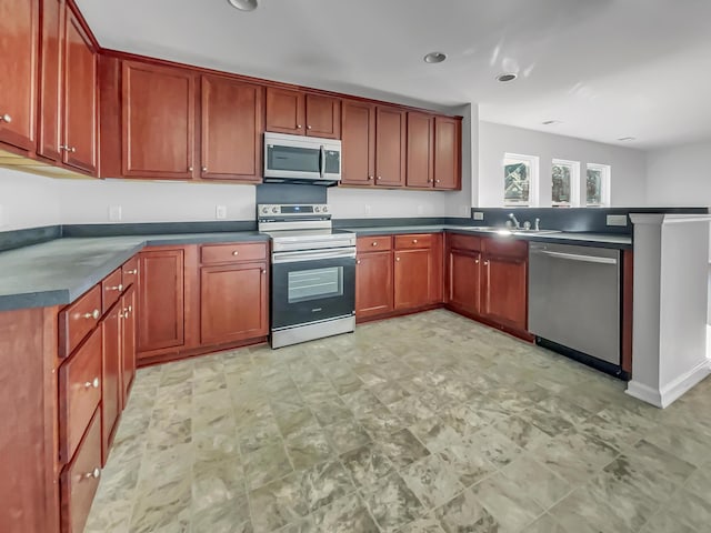 kitchen featuring kitchen peninsula, stainless steel appliances, and sink