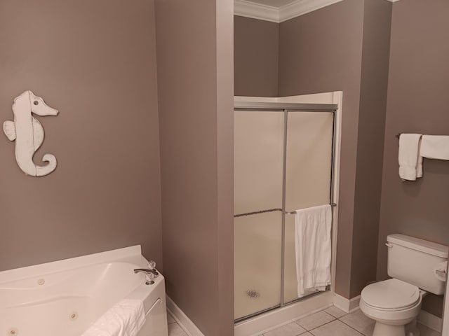 bathroom featuring tile floors, independent shower and bath, crown molding, and toilet