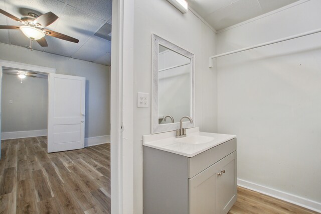 bathroom featuring ceiling fan, vanity, and wood-type flooring