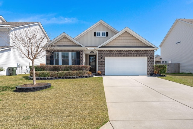 craftsman-style house with brick siding, an attached garage, driveway, and a front lawn