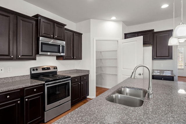 kitchen with dark brown cabinetry, wood finished floors, hanging light fixtures, stainless steel appliances, and a sink