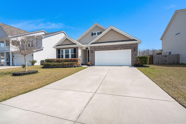 view of front facade with fence, board and batten siding, concrete driveway, a front yard, and a garage