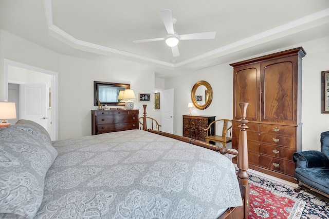 bedroom with a tray ceiling and a ceiling fan