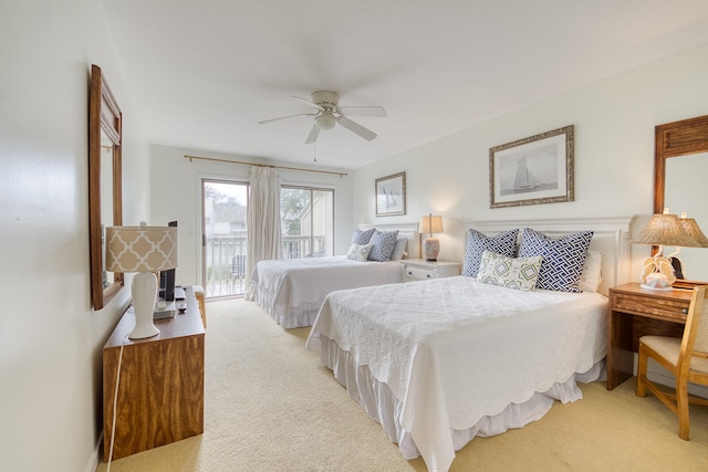 bedroom with light carpet, access to outside, and ceiling fan