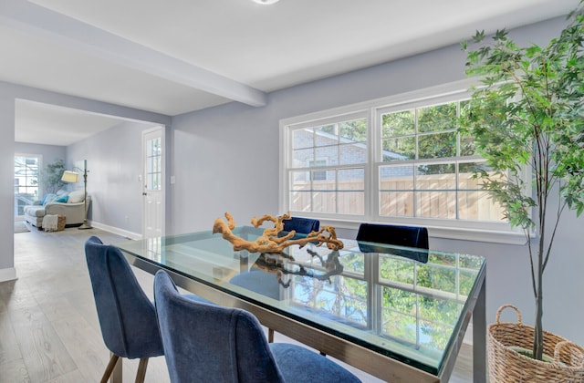 dining space with a wealth of natural light, beam ceiling, and light hardwood / wood-style flooring