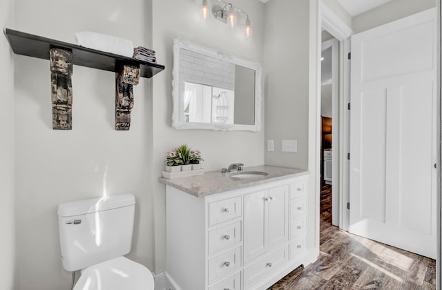 bathroom featuring toilet, vanity, and wood-type flooring