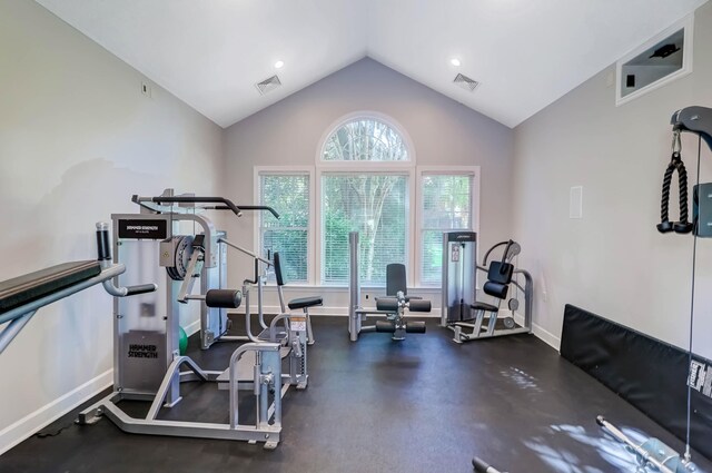 workout area featuring lofted ceiling