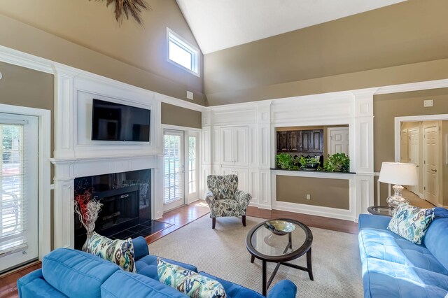 living room with hardwood / wood-style floors, a fireplace, and plenty of natural light