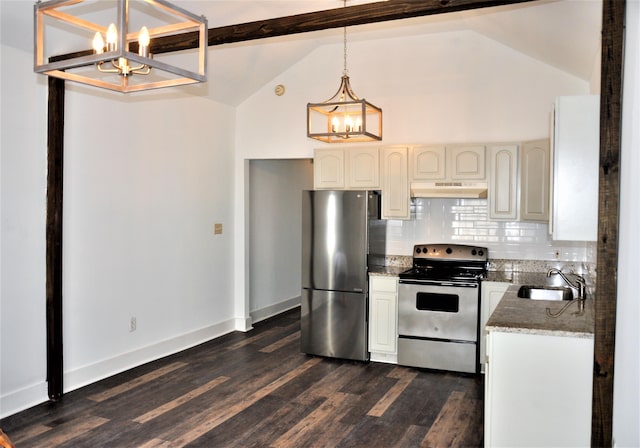 kitchen with decorative backsplash, appliances with stainless steel finishes, dark hardwood / wood-style flooring, sink, and decorative light fixtures