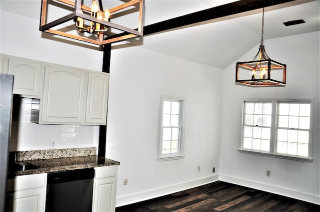 kitchen featuring stainless steel dishwasher, dark wood-type flooring, an inviting chandelier, white cabinetry, and hanging light fixtures