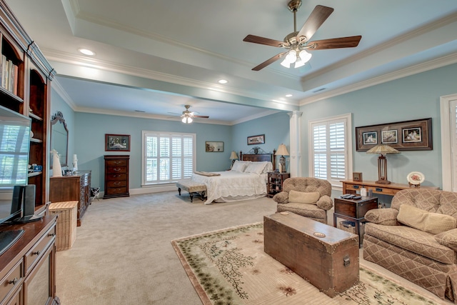 101 Firestone Ct, Summerville, SC 29483 - bedroom featuring light colored carpet, multiple windows, crown molding, and a tray ceiling
