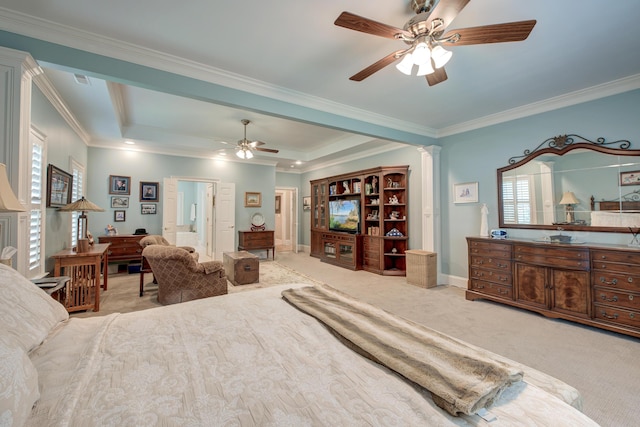 101 Firestone Ct, Summerville, SC 29483 - carpeted bedroom with ornamental molding, baseboards, a tray ceiling, and decorative columns