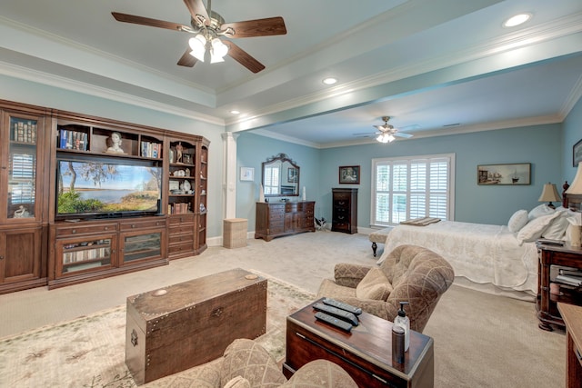 101 Firestone Ct, Summerville, SC 29483 - bedroom with carpet floors, ornamental molding, recessed lighting, ornate columns, and ceiling fan