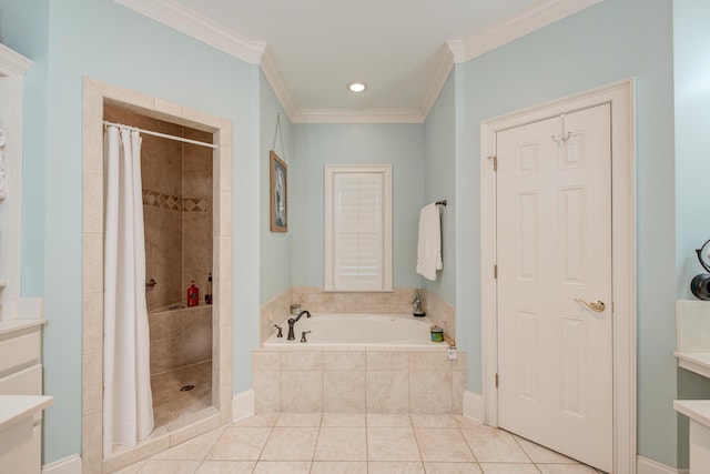 101 Firestone Ct, Summerville, SC 29483 - bathroom with a shower stall, a bath, ornamental molding, tile patterned floors, and recessed lighting