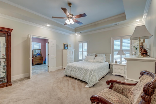 101 Firestone Ct, Summerville, SC 29483 - bedroom with a raised ceiling, light carpet, ornamental molding, recessed lighting, and baseboards