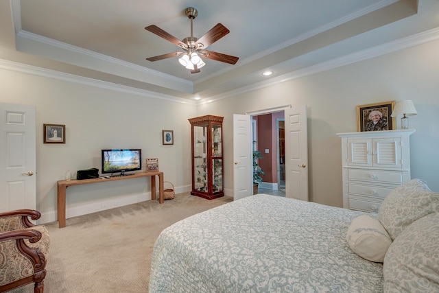 101 Firestone Ct, Summerville, SC 29483 - bedroom with a tray ceiling, light carpet, ornamental molding, baseboards, and recessed lighting