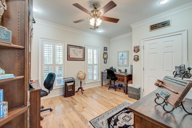 101 Firestone Ct, Summerville, SC 29483 - office featuring ornamental molding, ceiling fan, wood finished floors, recessed lighting, and baseboards