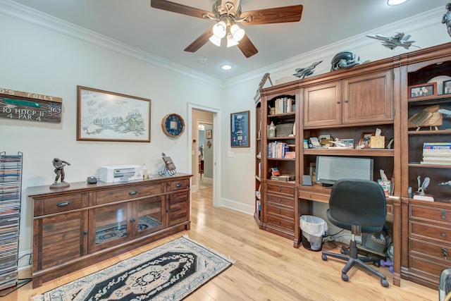 101 Firestone Ct, Summerville, SC 29483 - home office with ceiling fan, ornamental molding, light wood finished floors, recessed lighting, and baseboards