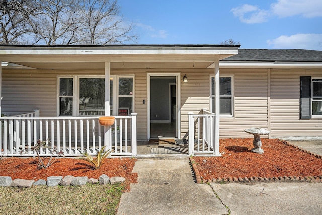 entrance to property featuring covered porch and roof with shingles