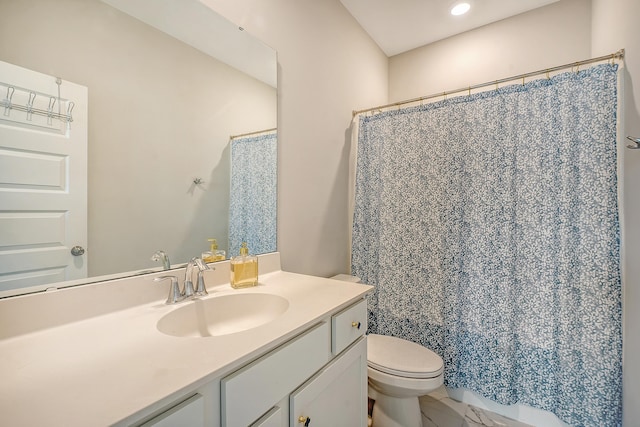 full bathroom featuring curtained shower, marble finish floor, vanity, and toilet