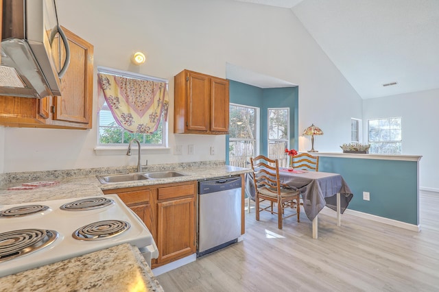 kitchen with sink, light hardwood / wood-style floors, high vaulted ceiling, and appliances with stainless steel finishes