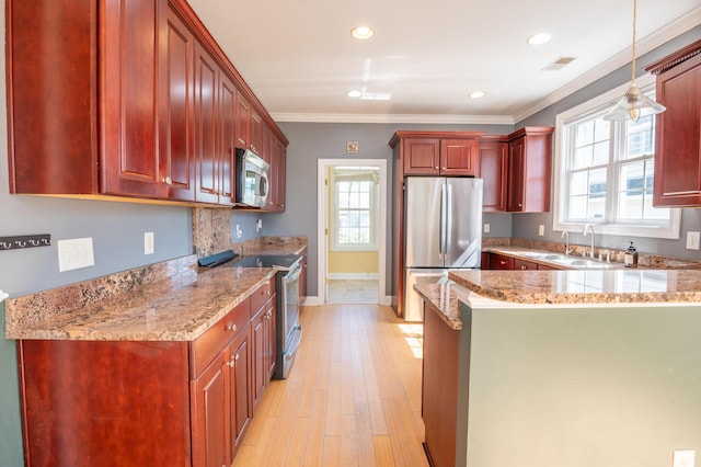 kitchen with crown molding, plenty of natural light, stainless steel appliances, and dark brown cabinets