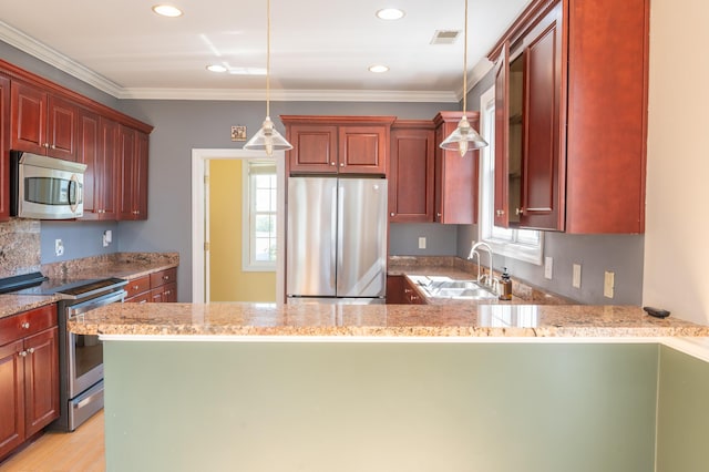 kitchen with a sink, pendant lighting, a peninsula, and stainless steel appliances