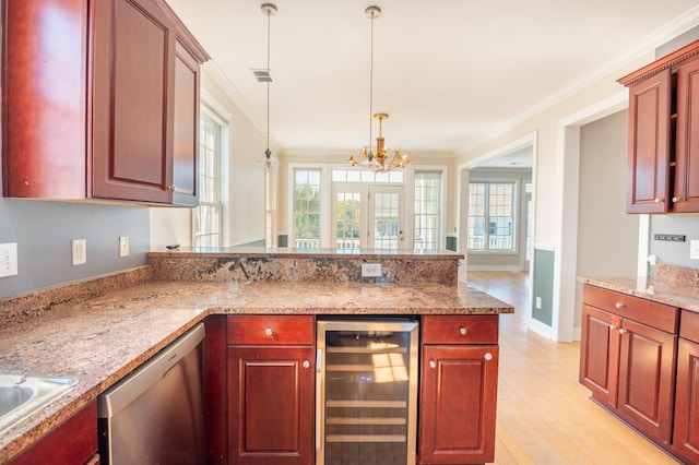 kitchen with wine cooler, stainless steel dishwasher, a peninsula, and reddish brown cabinets