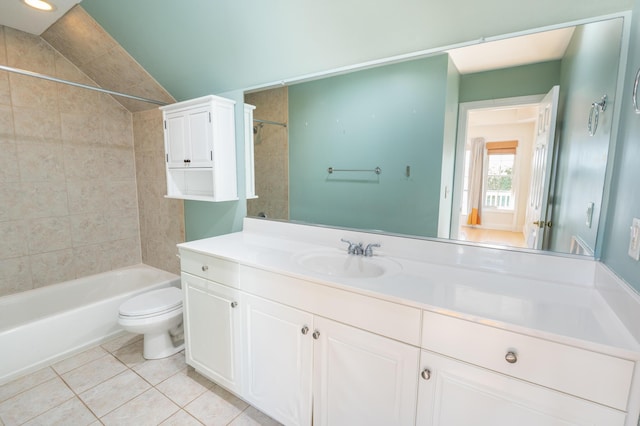 bathroom featuring tile patterned floors, shower / bathing tub combination, vanity, and toilet