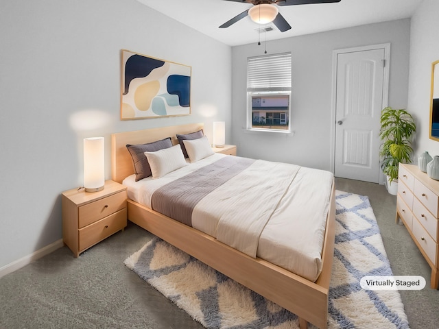 bedroom with carpet flooring, visible vents, a ceiling fan, and baseboards