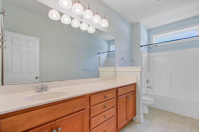 bathroom with toilet, vanity, and shower / bathtub combination