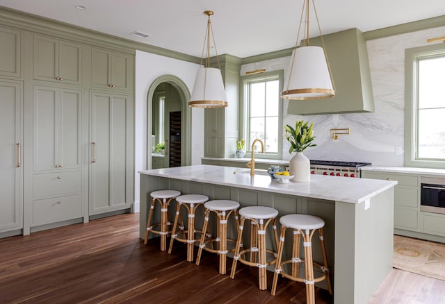 kitchen featuring pendant lighting, an island with sink, and a healthy amount of sunlight