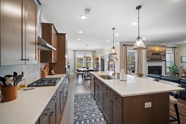 kitchen featuring sink, dark hardwood / wood-style flooring, a large fireplace, appliances with stainless steel finishes, and a center island with sink