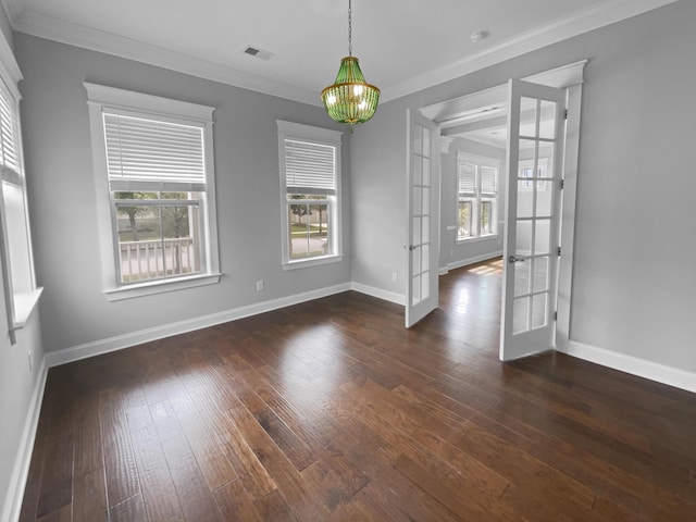 3700 Maidstone Dr, Mount Pleasant, SC 29466 - unfurnished dining area with baseboards, ornamental molding, french doors, visible vents, and hardwood / wood-style floors