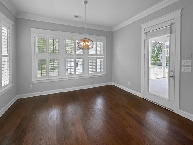 3700 Maidstone Dr, Mount Pleasant, SC 29466 - unfurnished dining area featuring crown molding, visible vents, a wealth of natural light, and dark wood finished floors