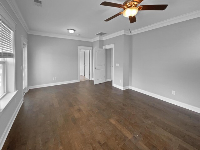 3700 Maidstone Dr, Mount Pleasant, SC 29466 - spare room featuring crown molding, dark wood-style flooring, a ceiling fan, and visible vents