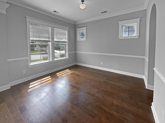 3700 Maidstone Dr, Mount Pleasant, SC 29466 - empty room with arched walkways, ornamental molding, baseboards, and dark wood finished floors