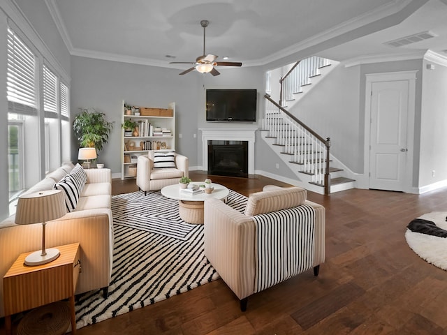3700 Maidstone Dr, Mount Pleasant, SC 29466 - living area with ornamental molding, visible vents, stairway, and a glass covered fireplace
