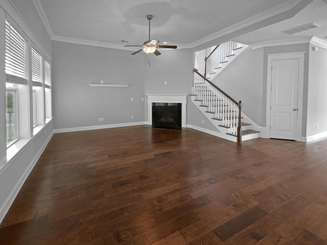3700 Maidstone Dr, Mount Pleasant, SC 29466 - unfurnished living room featuring a fireplace with flush hearth, a ceiling fan, visible vents, wood finished floors, and stairs