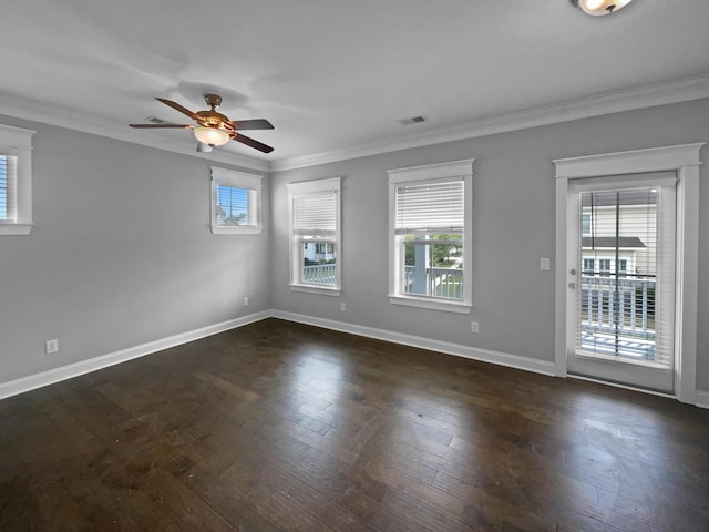 3700 Maidstone Dr, Mount Pleasant, SC 29466 - unfurnished room featuring visible vents, baseboards, a ceiling fan, crown molding, and dark wood-type flooring
